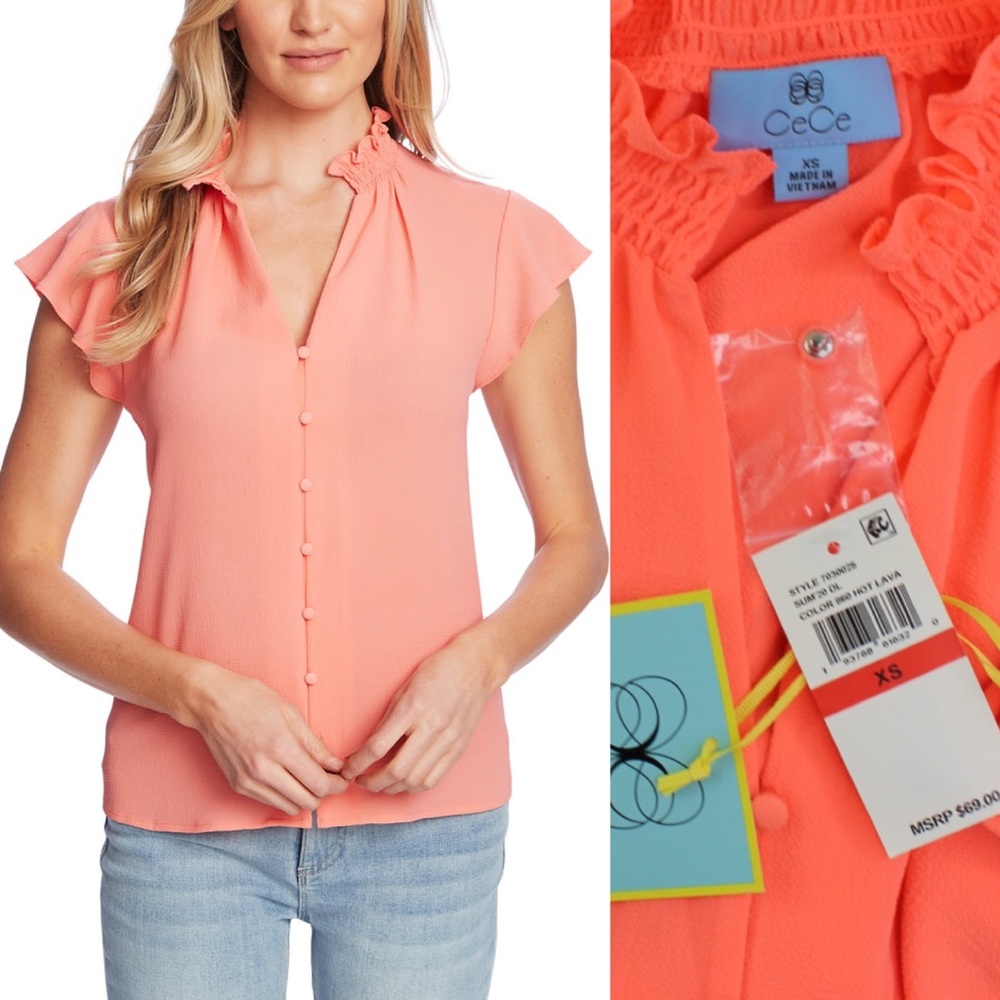 CeCe Coral Ruffle Sleeve Blouse